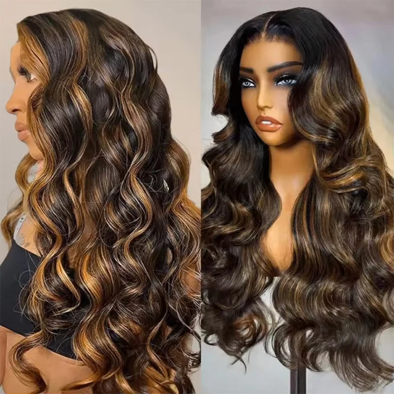 Brazilian P1B/30 Body Wave 220% Density 13x6 Transparent HD Lace Front Wigs Colored Highlight 100% Human Hair Wigs Pre Plucked