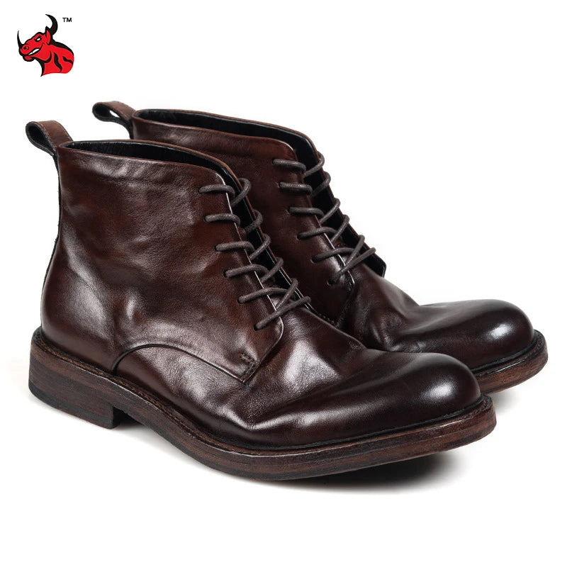 High Quality Cowhide Motorcycle Boots Men Genuine Leather Waterproof Motorbike Boots Vintage Hight-Top Moto Rider Ankle Boots
