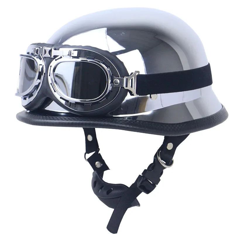 DOT Approved Chrome Silver Mirror German Style Motorcycle Half Helmet Vintage Pilot Helmet for Chopper Biker with Free Goggles