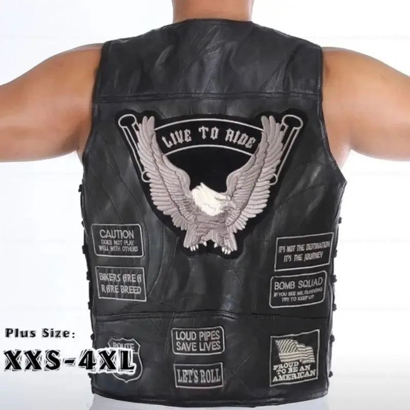 Style Harley Motorcycle Riding Men's Vest Shoulder PU Leather Dark Series Embroidered Badge Designb;4.f'7;j,3'