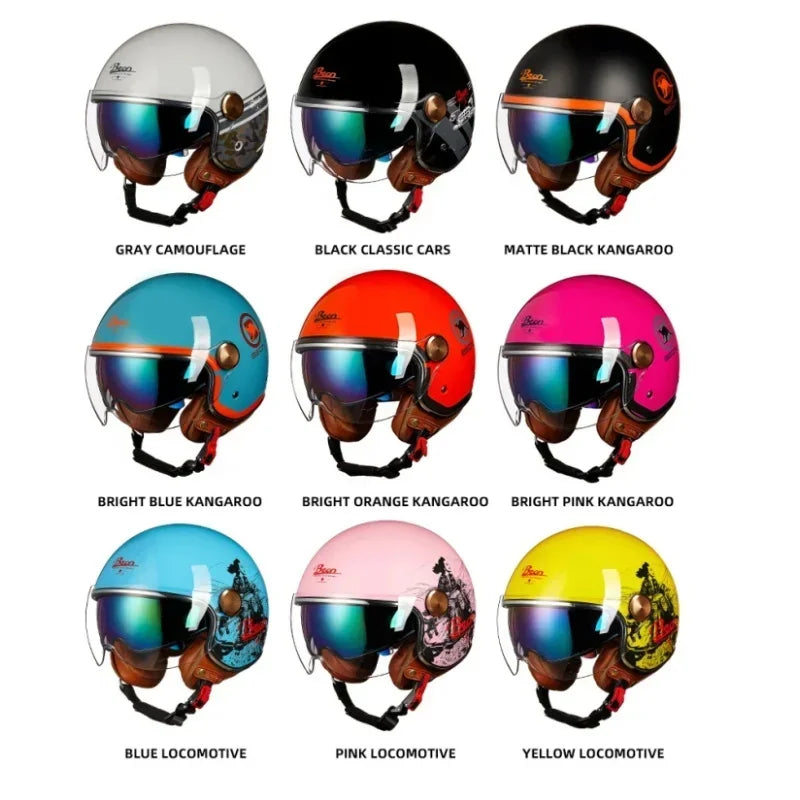BEON Motorcycle Retro Style Helmet Electric Bike Riding Three-quarters Half Helmet Lightweight Dual Lens Safety Helmet