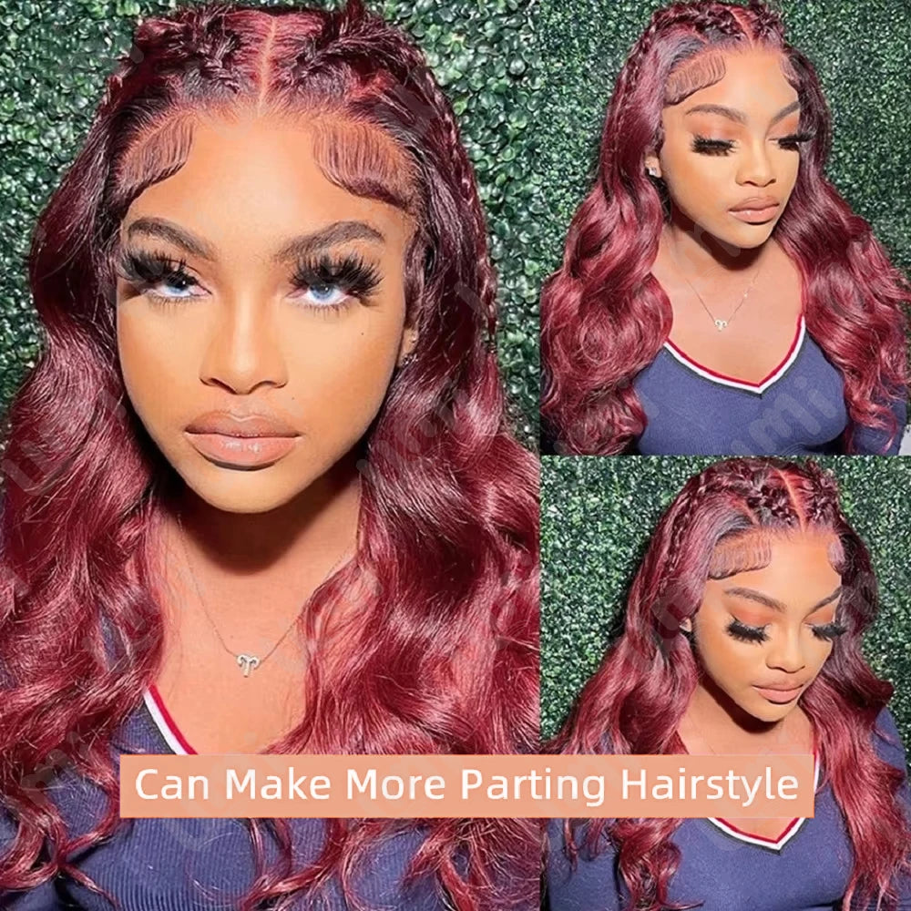Umi 13x4 Burgundy 99J 200% Density Body Wave Short Bob Lace Frontal Wig Red Remy Human Hair Pre plucked HD Transparent Lace Wigs