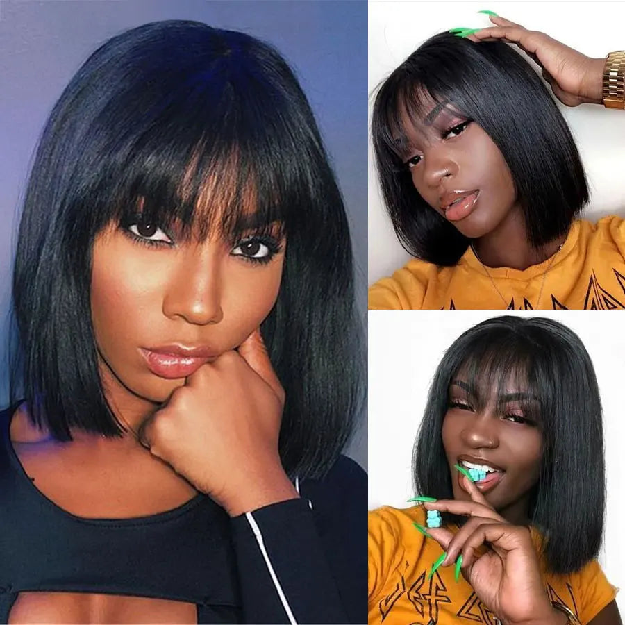 Purple Ombre Bob Straight Wigs Short BOB Human Hair Wigs With bangs Mix Color Bob Bangs Wigs P1B/27 Highlight Wigs For Party