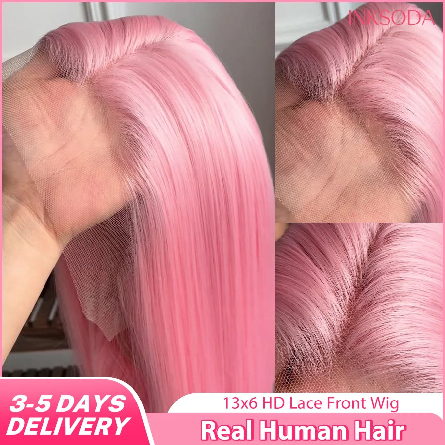 13x6 Pink Wig Lace Frontal Human Hair Wig Brazilian 13x4 HD Lace Front Wigs Pre Plucked Pre Bleached Bone Straight Colored Wigs