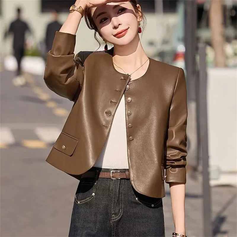 Leather Jacket for Women 2026 Spring Autumn New Retro Fashion Casual Round Neck Short LeatherCoat Motorcycle Clothing Female