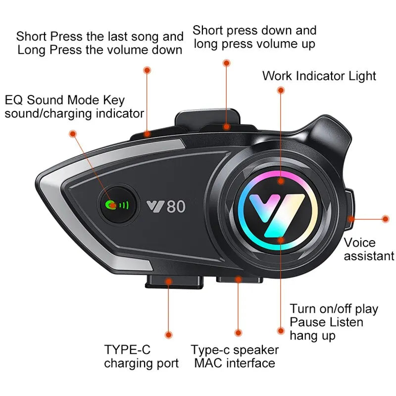 Y80 Motorcycle Helmet Bluetooth Headset Wireless V5.3 Handsfree Call Music Earphone for Riders Moto GPS Waterproof Headphone