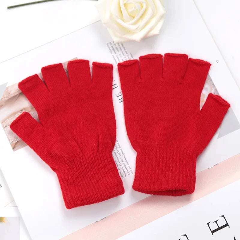 Unisex Black Half Finger Fingerless Gloves Wool Knit Cotton Winter Warm Work Mittens for Women And Men