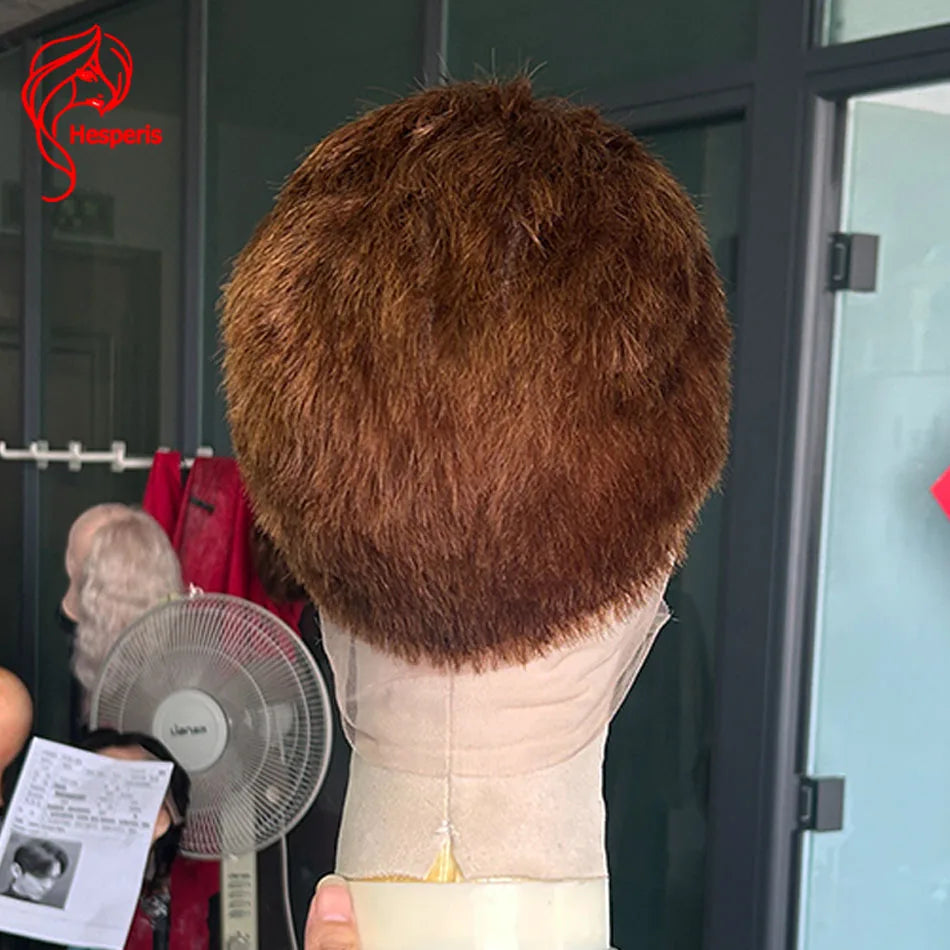 Hesperis Natural Brown Buzz Cut Full Lace Wig for Men Brazilian Remy Short Human Hair Pre-Plucked Wig #4 Color Male Wigs