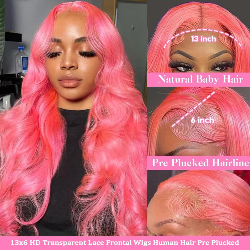 Pink Human Hair Wig Colored Body Wave Lace Front Wig 13X6 Hd Lace Frontal Wig 250 Density Brazilian Wig Original 40 Inch Natural