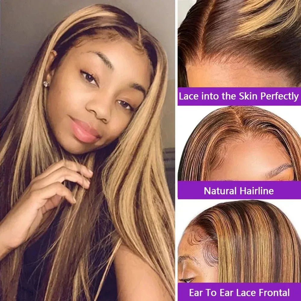 13x6 Straight HD Lace Frontal Wig P4/27 Colored Human Hair Wigs For Women 200 Density Remy Hair 30 36 inches