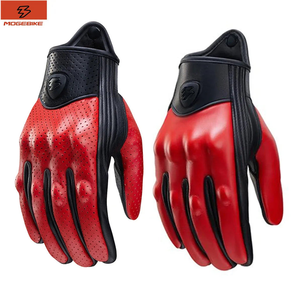 Retro Red Leather Motorcycle Gloves Men Women Breathable Perforated Motorbike Racing Gloves Touch Screen Motocross