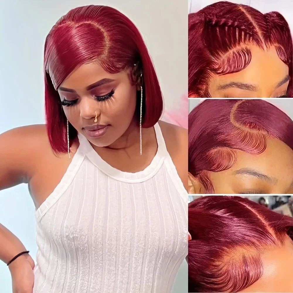 8-14 Inch 99J Bob Burgundy 200% Density Wigs Remy Human Hair Wigs 13x4 HD Lace Frontal Wigs Pre Plucked Remy Hair Brazilian Hair