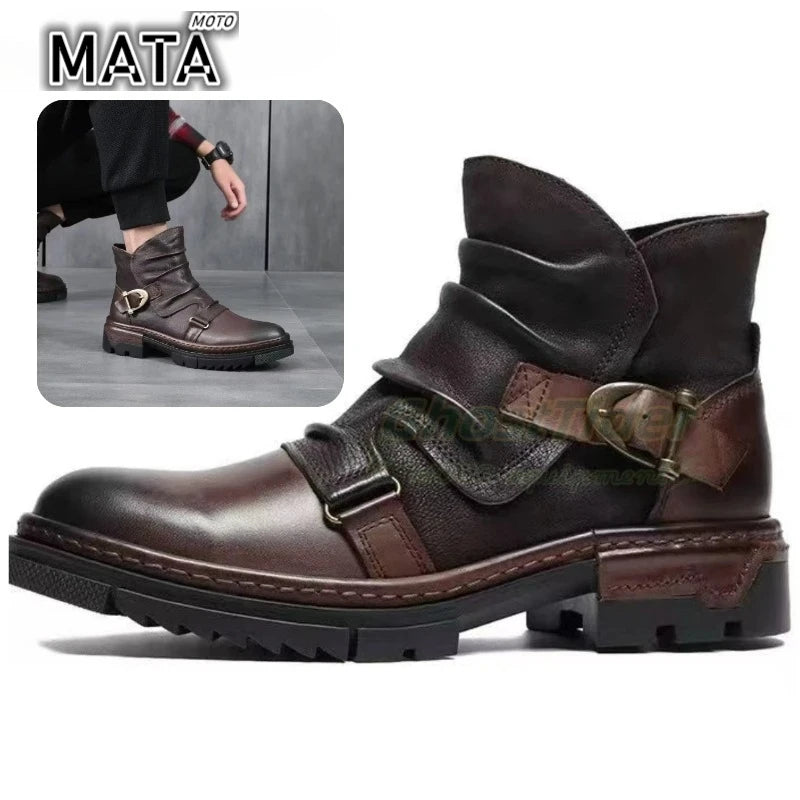 HOT Retro Men's Motorcycle Leather Boots British Style Round Head High Top Shoes Casual Platform Boots Moto Street Gear