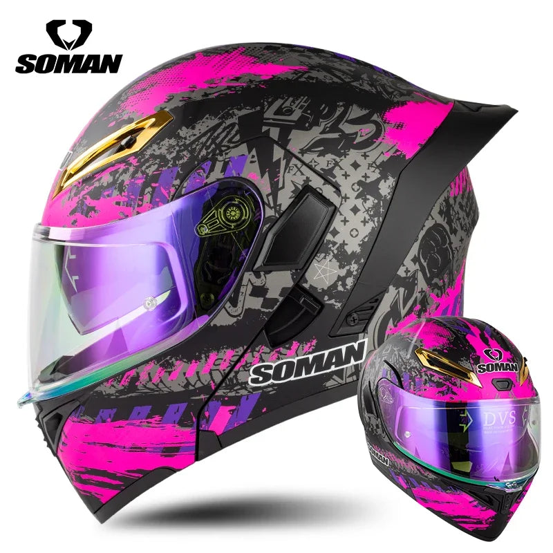 SOMAN Full Face Helmet Dual Lens Flip Up Motorcycle Helmets Casco Accessories Men Women Casque Moto Racing DOT Approved Visor