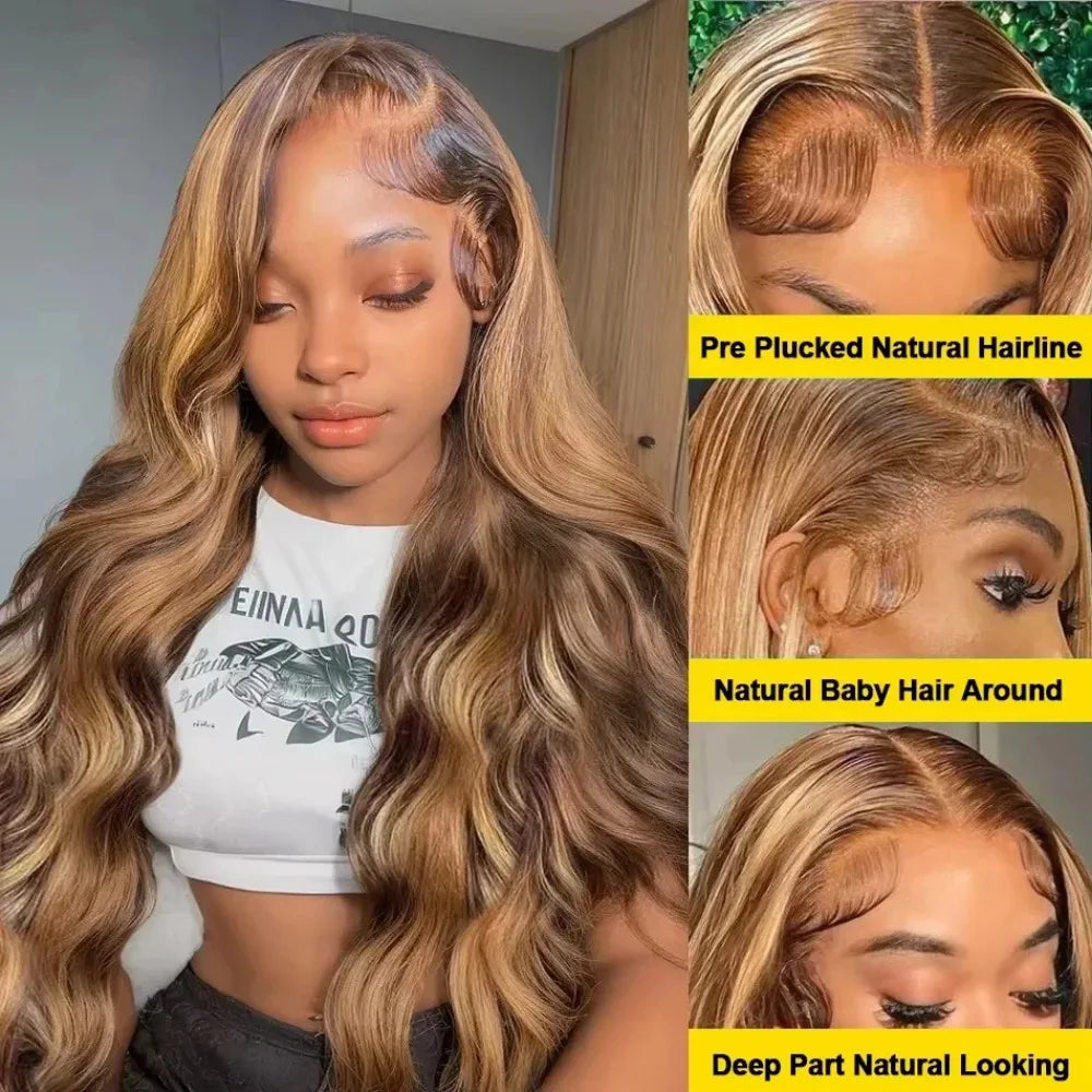 13x6 Body Wave HD Lace Frontal Wigs Colored Highlight Natural Human Hair Wigs For Women Brazilian 4/27 Blonde Pre Plucked Wigs
