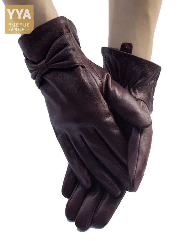 New Women Bowknot Real Sheepskin Gloves Winter Warm Fleece Lining Genuine Leather Driving Mittens Moto Biker Riding Gloves