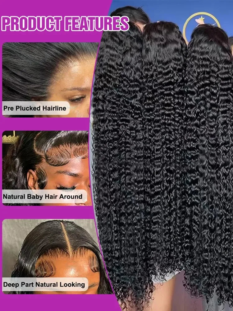 250 Density 13x6 Kinky Curly HD Lace Frontal Wigs Brazilian 42 40 Inch Water Deep Wave 13x4 Lace Front Human Hair Wig For Women