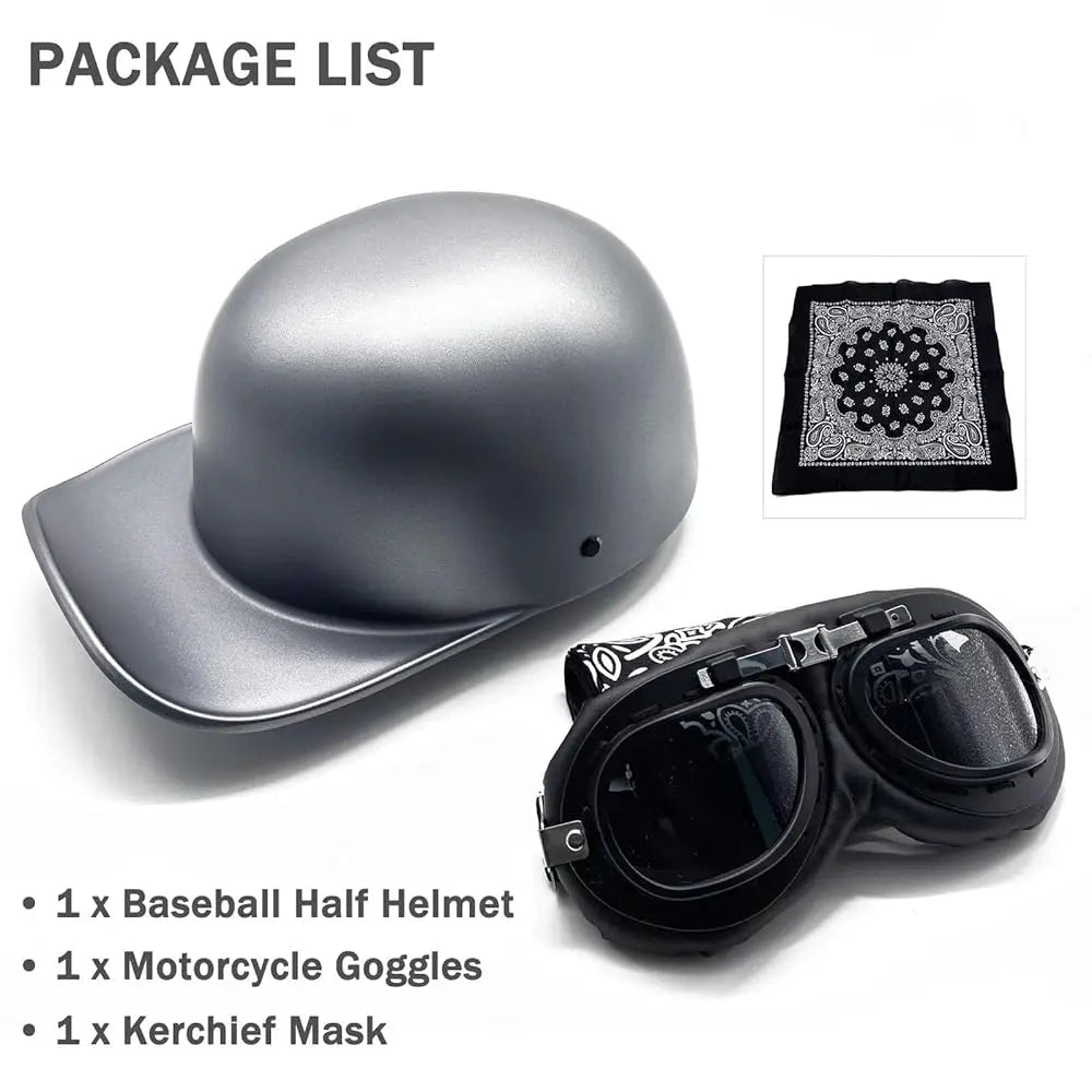 Vintage Baseball Motorcycle Helmet Open Face Half Cap with Goggles for Men and Women Adults Moped Motorbike Jet Scooter Bike