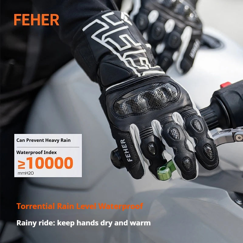 FEHER Winter Motorcycle Riding Gloves Waterproof Touchscreen Leather Keep Warm Finger Joint Carbon Fiber Design Motorbike Gloves