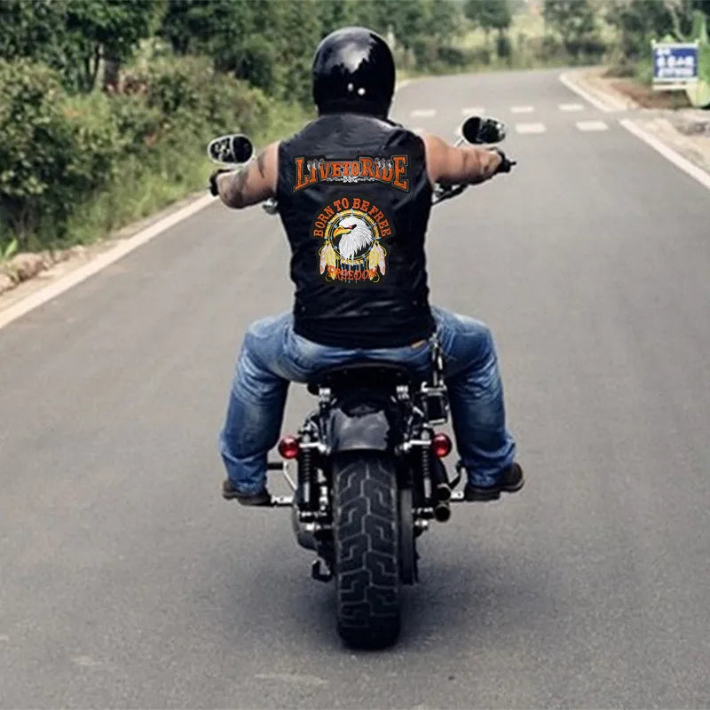 Mens Leather Cosplay Costume Motorcycle Vest Live To Ride Jacket Applique Rock Punk Vest Zipper Top Coat Sleeveless Jacket