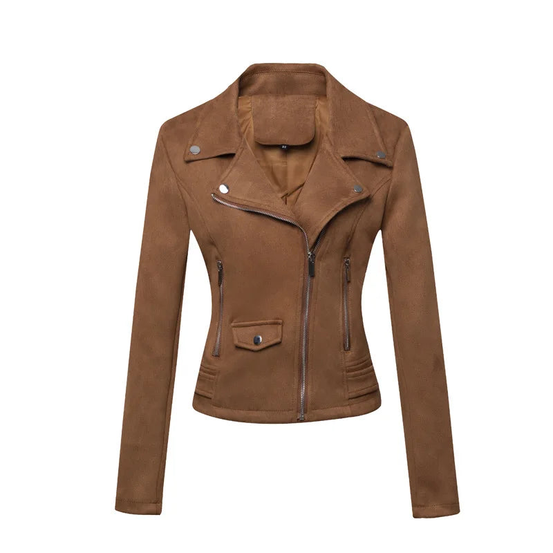 Women Vintage Suede Biker Jacket Slim Fit Short Motorcycle Coat Fashion Ladies Faux Leather Moto Jacket For Casual Ridin