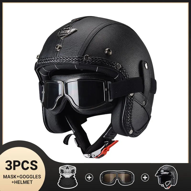 DOT Approved Vintage Leather Motorcycle Helmet Retro Open Face Chopper Casque Capacete Motorbike De Moto Masculino Casco Moto