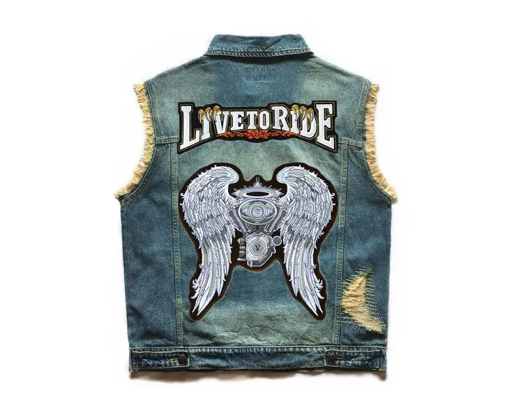 Embroidered Denim vest blue Jeans Patchwork Motorcycle Biker Jeans Sleeveless jacket punk Cowboy Fashion vest live to ride 6XL