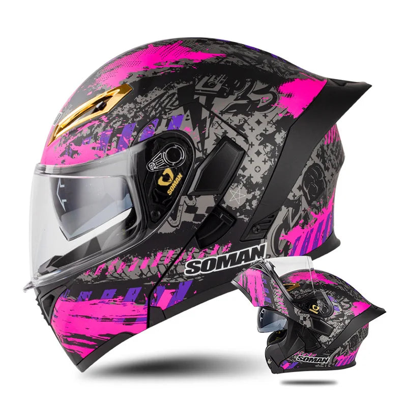 DOT Approved Men Motorcycle Helmet Dual Lens Flip Up Helmets Vintage Retro Full Face Moto Helmet Double Lens Modular Helm