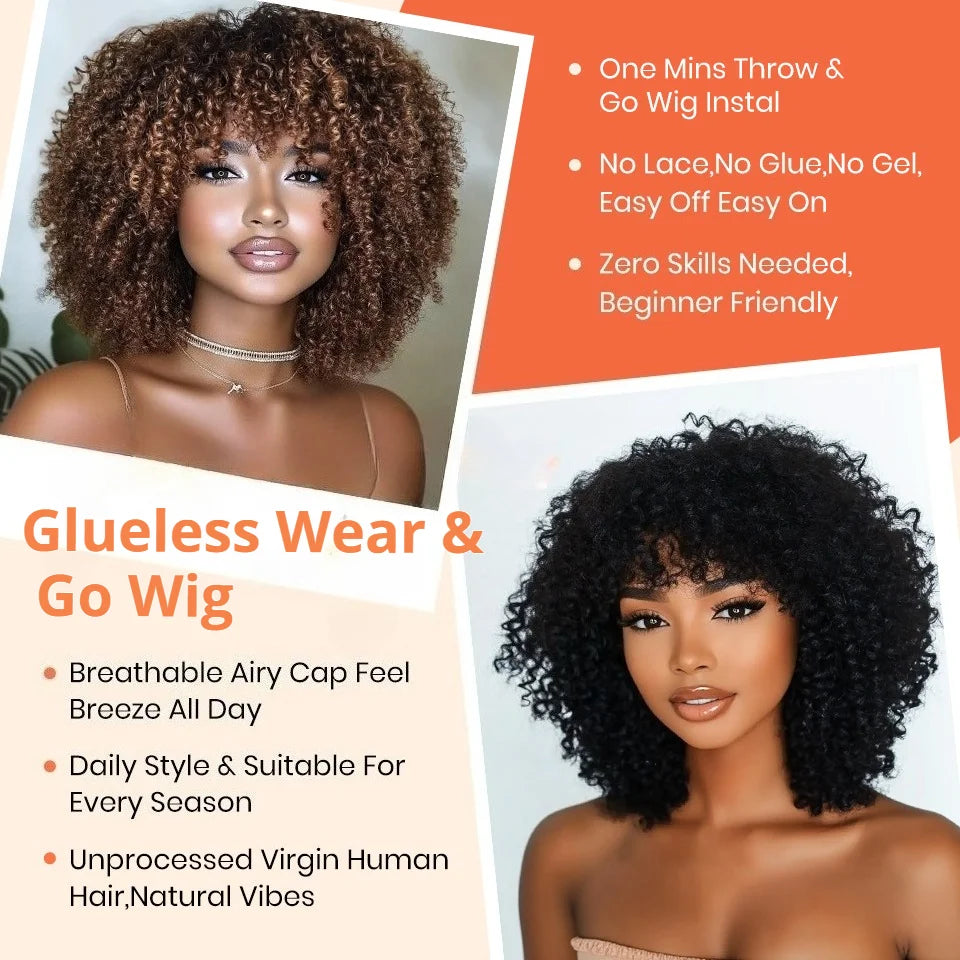 Brown Curly Bob Wigs Human Hair Wigs Afro Curly Wigs With Bangs Glueless Wear Go Jerry Curly Bob Wigs Brazilian Human Hair Wigs