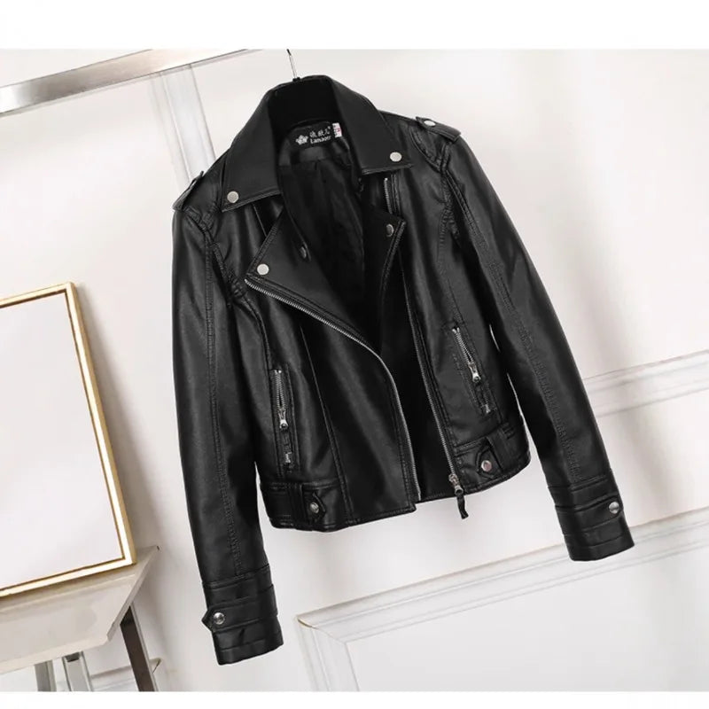 New Pink/beige/black Women's Clothing Short Motorcycle PU Leather Jacket Autumn JAdd Cotton Coats Lapels Zip Short Women Jackets