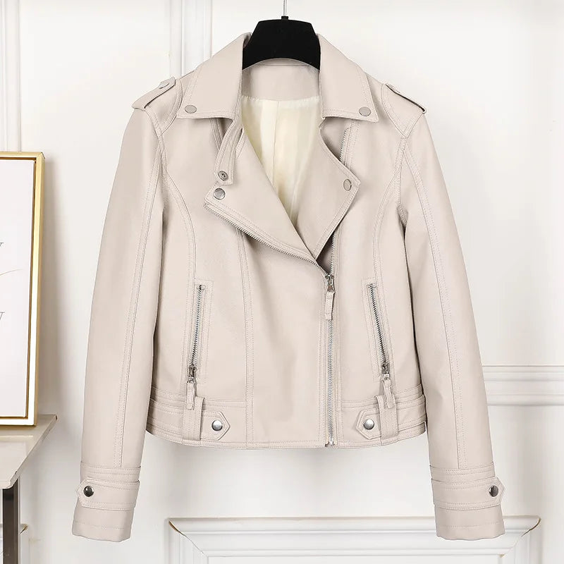 New Pink/beige/black Women's Clothing Short Motorcycle PU Leather Jacket Autumn JAdd Cotton Coats Lapels Zip Short Women Jackets