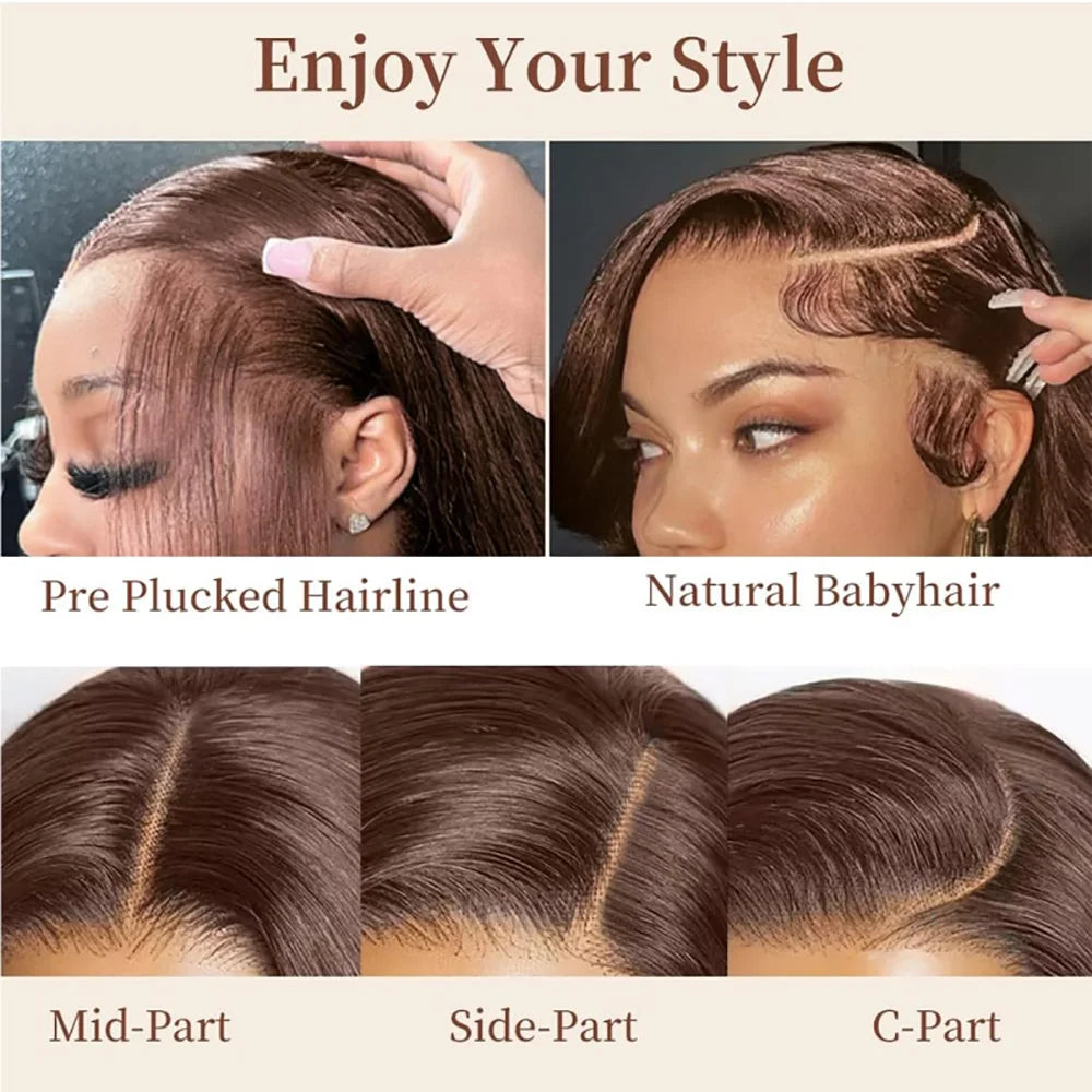 Chocolate Brown Straight Human Hair Wig 46 Inches 13x6 Transparent HD Lace Frontal Pre Plucked Natural Hairline Wig For Women