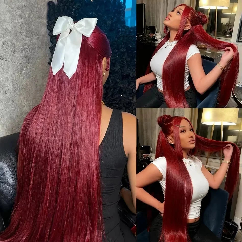99J Red Burgundy Colored Lace Frontal Human Hair Wigs 13X6 HD Straight Lace Front Wig 200 Density Pre Plucked Human Hair Wig