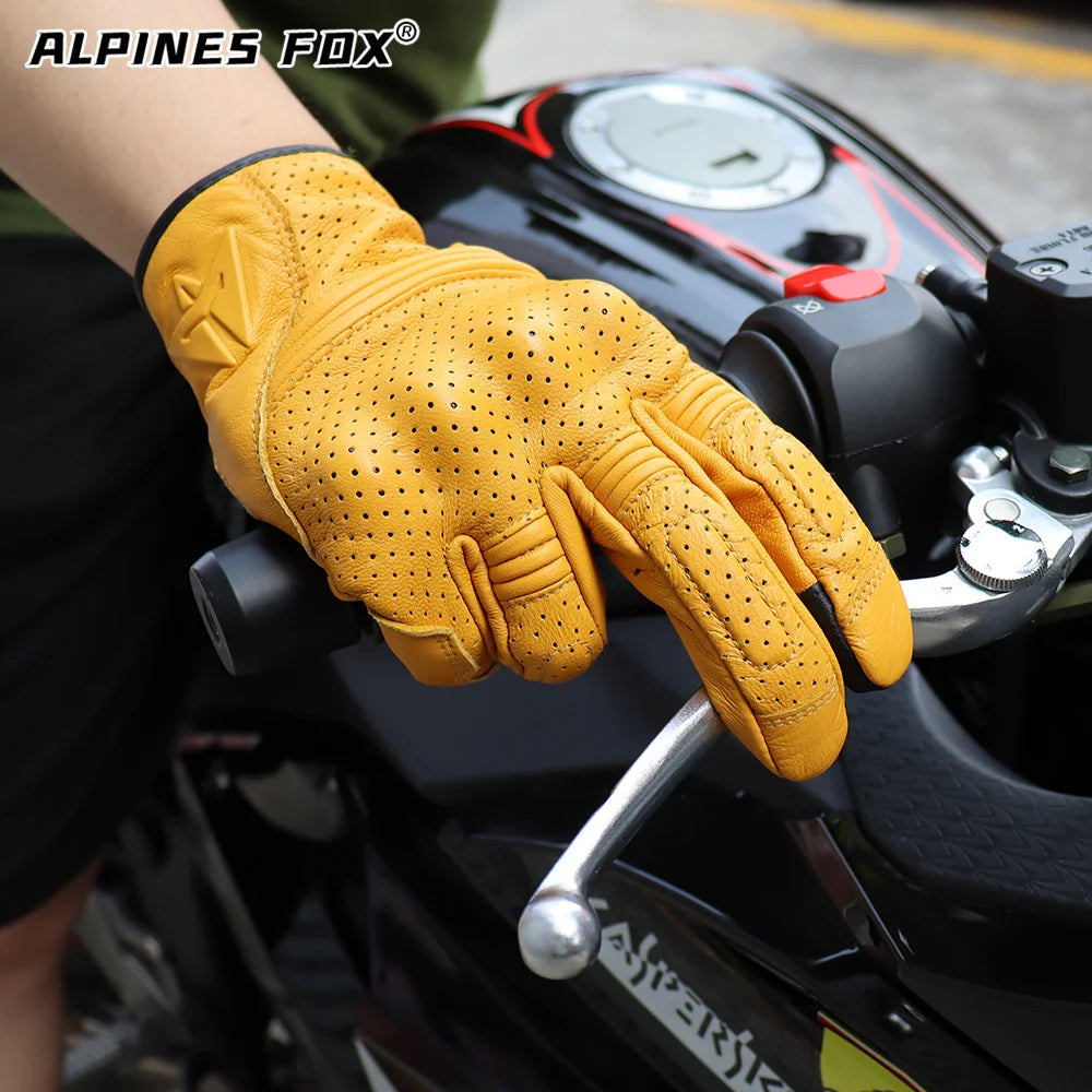 Retro Motorcycle Leather Gloves Perforated Summer Breathable Touch Screen Motobike Cycling Accessories Full Finger Protective