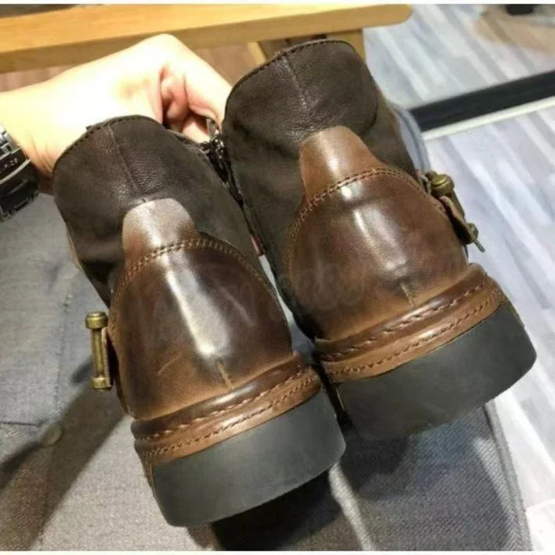 HOT Handmade Motorcycle Riding Shoes Casual Genuine Leather Chelsea Boots for Men Retro Fashion Buckle Zip Short Moto Boots