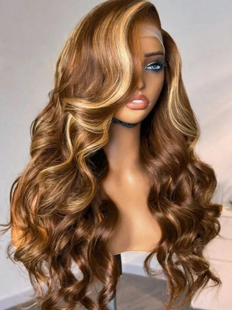 P4/27 Brazilian Body Wave Human Hair Wig for Women 34 Inch 13x4 HD Transparent Lace Frontal with Colored Highlights