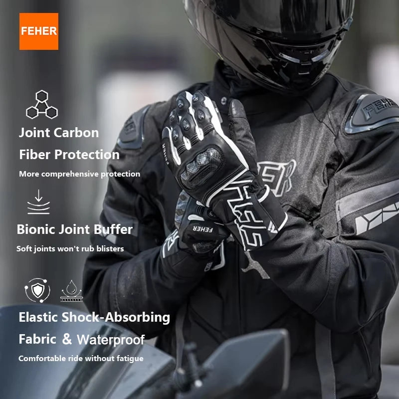 FEHER Winter Motorcycle Riding Gloves Waterproof Touchscreen Leather Keep Warm Finger Joint Carbon Fiber Design Motorbike Gloves