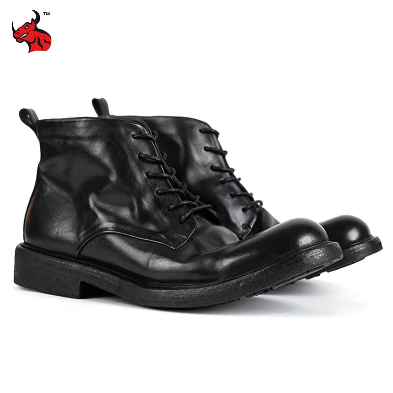 High Quality Cowhide Motorcycle Boots Men Genuine Leather Waterproof Motorbike Boots Vintage Hight-Top Moto Rider Ankle Boots