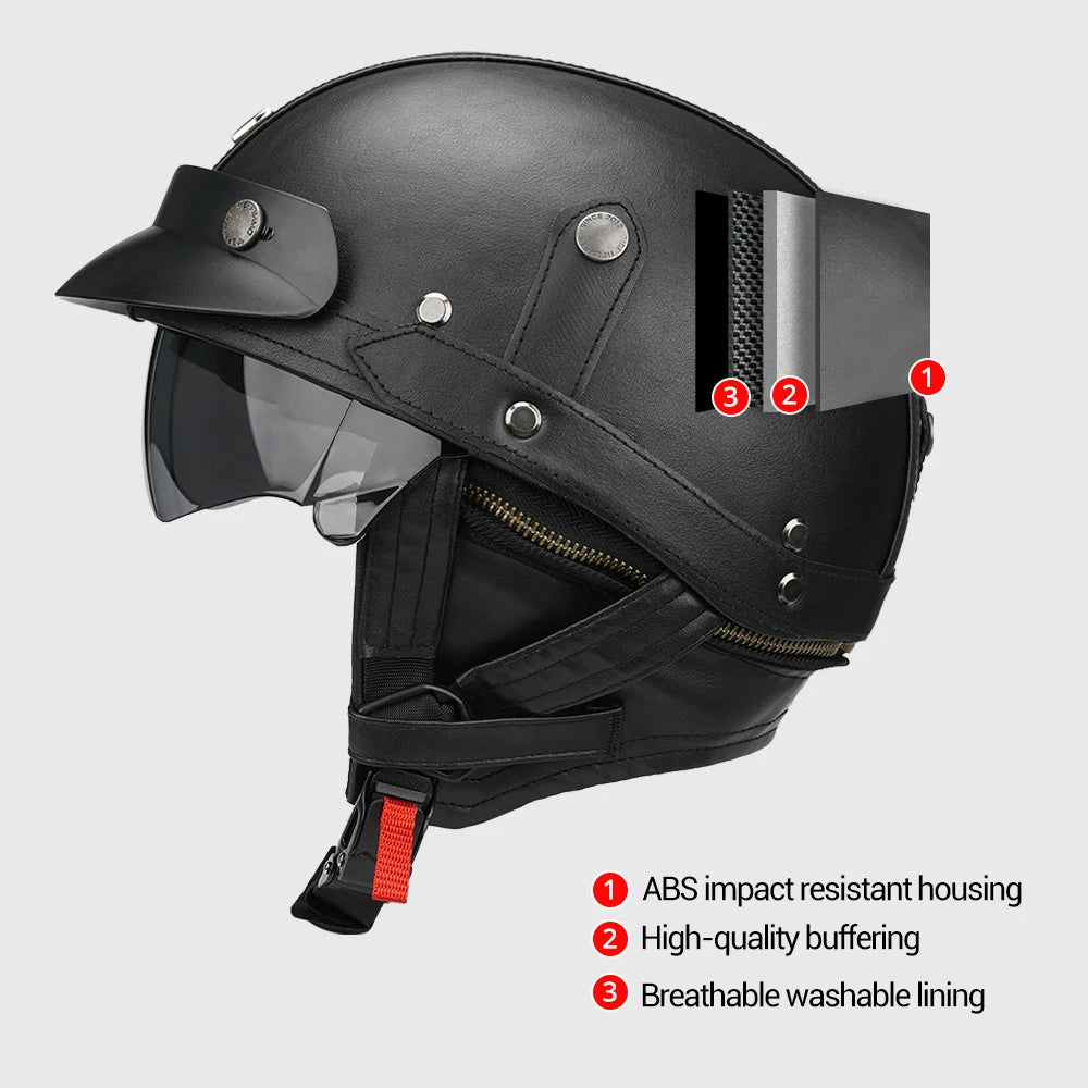 Black Motorcycle Half Helmet German Leather Vintage Helmet Casco Moto Motorcycle Open Face Helmet Biker DOT Certification