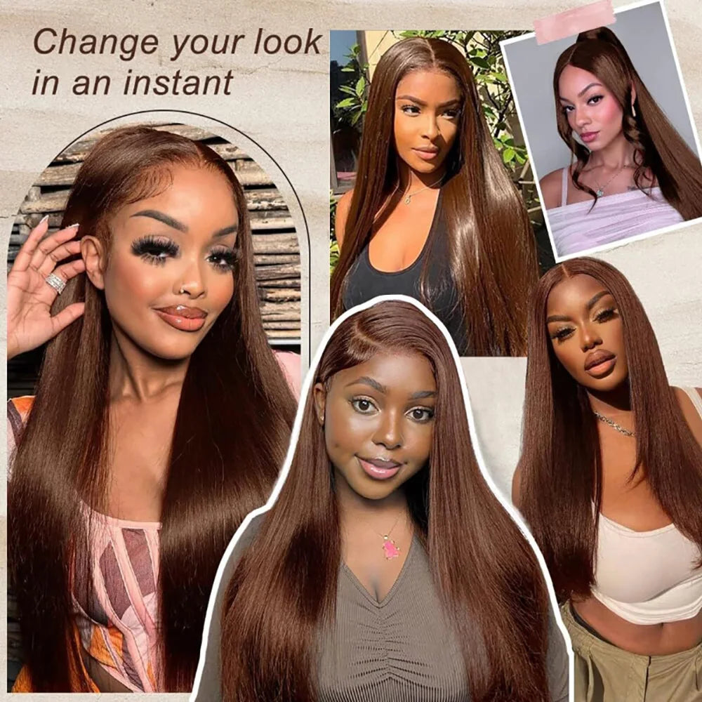 Chocolate Brown Straight Human Hair Wig 46 Inches 13x6 Transparent HD Lace Frontal Pre Plucked Natural Hairline Wig For Women