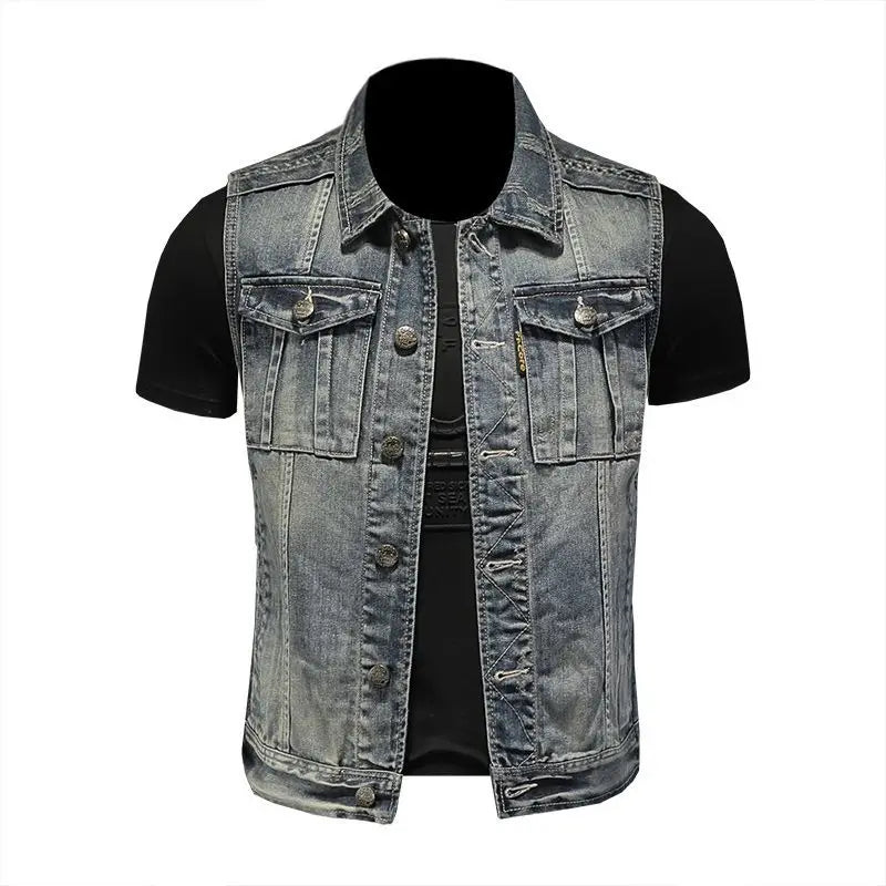 Men's denim jackets vintage fashion streetwear motorcycle riding jersey vests high street fashion versatile denim vests menswear