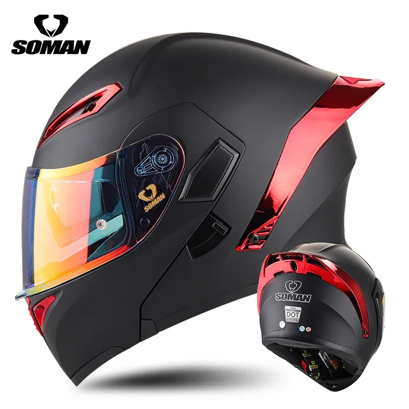 SOMAN Full Face Helmet Dual Lens Flip Up Motorcycle Helmets Casco Accessories Men Women Casque Moto Racing DOT Approved Visor