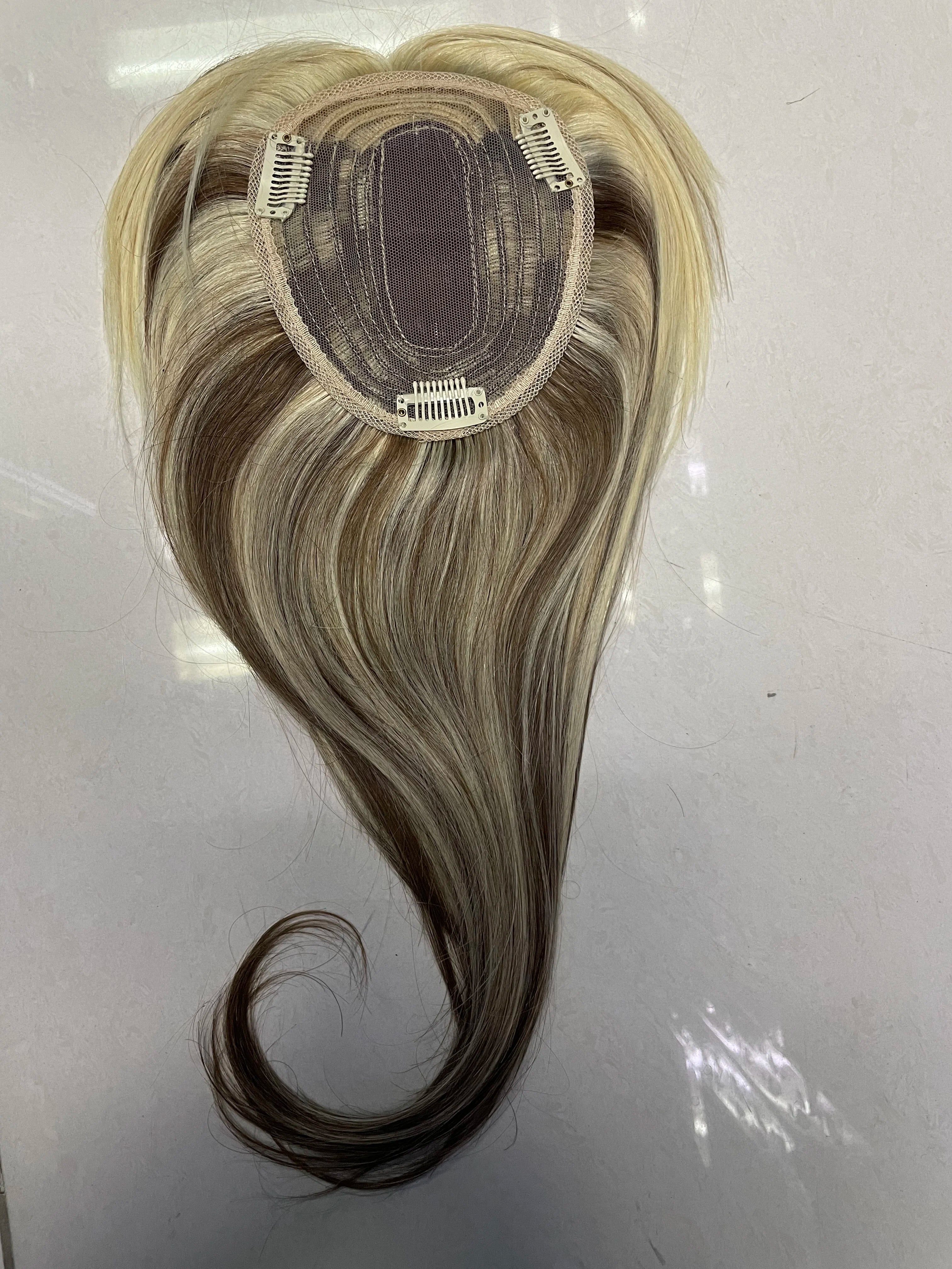 Women Topper Human Hair Straight Silk Top Human Hair Wigs Machine Made Clip in Remy Hair Toupee Silk Base Human Hair System Unit