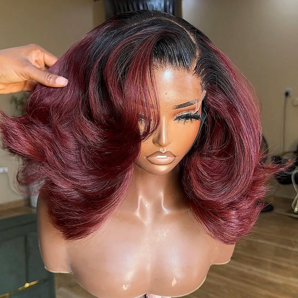 13x4 Lace Frontal 1B/99J Burgundy Body Wave Bob Human Hair Wigs Brazilian Human Hair Wigs Pre Plucked T Part Lace Wigs Remy Hair