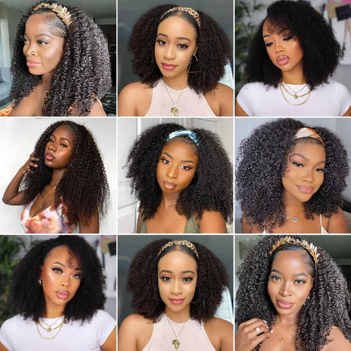 16 Inch 3 IN 1 Half Wig With Drawstring Seamless Human hair Wig Kinky Curly Headband Wig Upgrade for Women Summer Machine Wigs