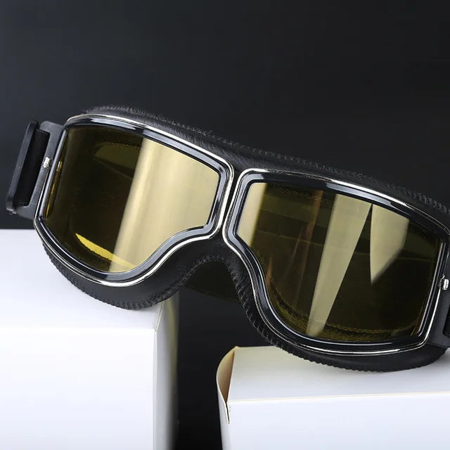 Motorcycle Helmet Glasses–Retro Windproof Sunglasses with Leather Frame–Lightweight Foldable&Universal Fit–Perfect for riding