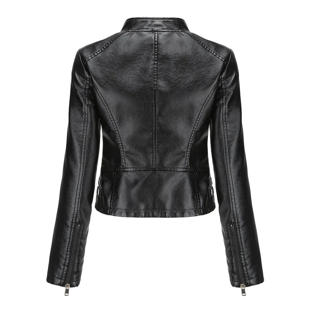 KIDCRKJ Spring Autumn Women's Leather Jacket Female Riveted Stand Collar Casual Coats Women's Motorcycle Jacket Women's Clothing