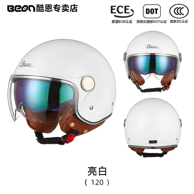 BEON Motorcycle Retro Style Helmet Electric Bike Riding Three-quarters Half Helmet Lightweight Dual Lens Safety Helmet