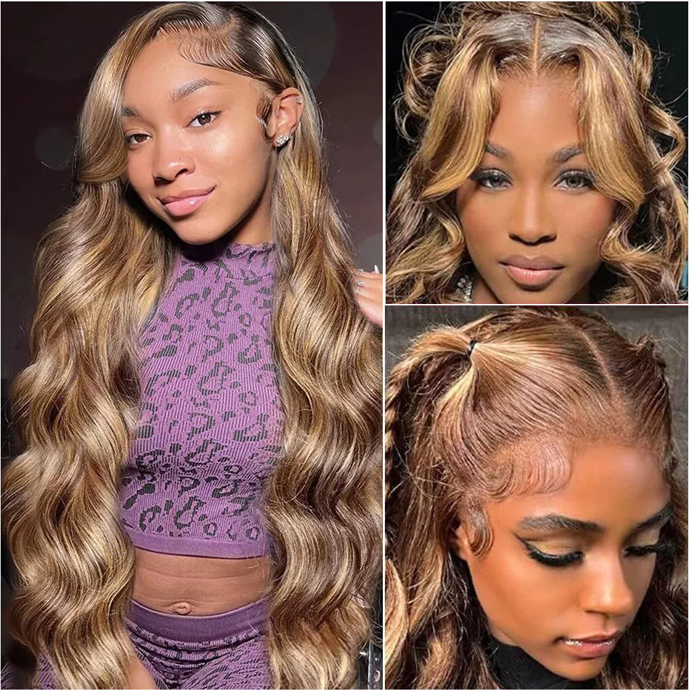 Highlight 13x4 Body Wave Lace Frontal Wigs Human Hair Brazilian 13x6 HD Lace Frontal Ombre Honey Blonde Colored Wig For Women