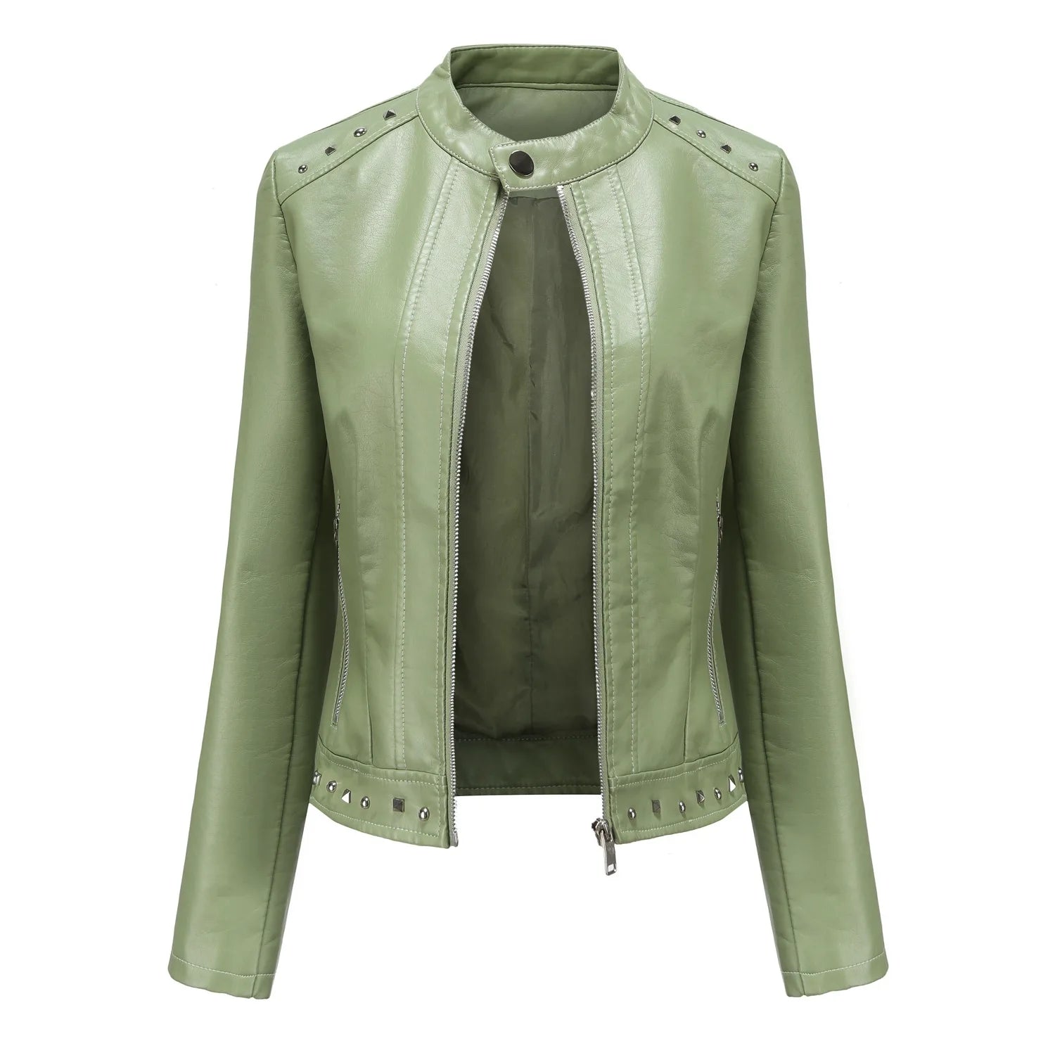 Women's Riveted Leather Coat with Standing Collar, Casual Jacket, Motorcycle Clothing, 5XL, Zipper leather jacket motorcycle top